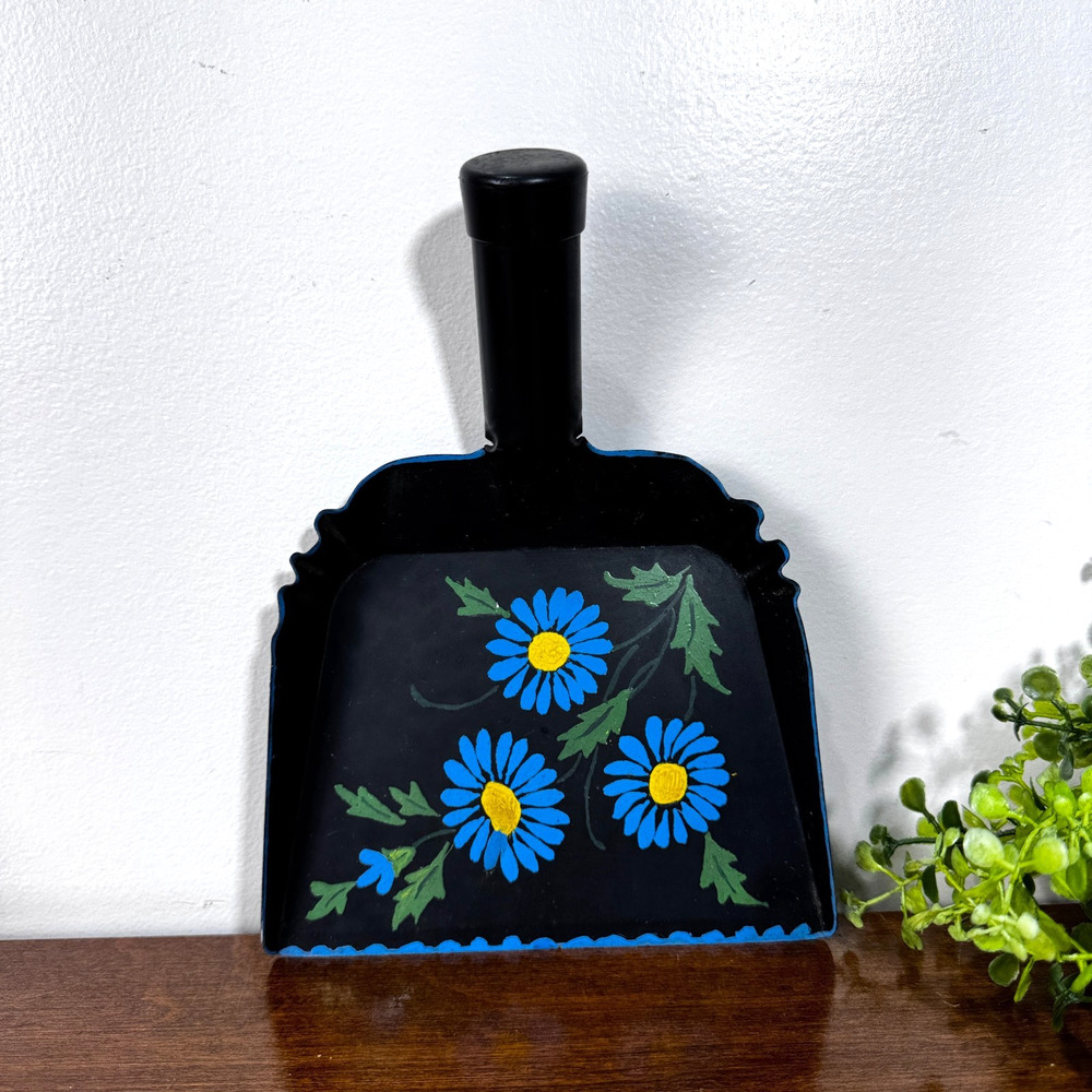 Vintage Metal Black Dust Pan Cottagecore Hand Painted Blue Floral 7.5"